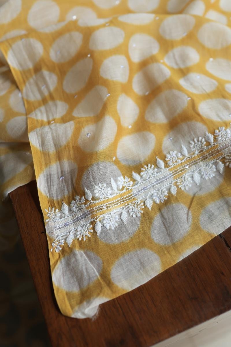 Yellow & White Soft Cotton Printed Unstitched Kurta Dupatta Set with Chikankari & Sequin Work