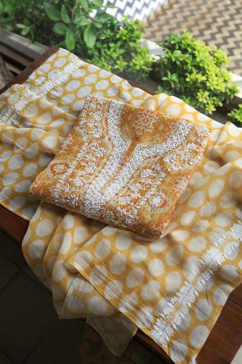 Yellow & White Soft Cotton Printed Unstitched Kurta Dupatta Set with Chikankari & Sequin Work