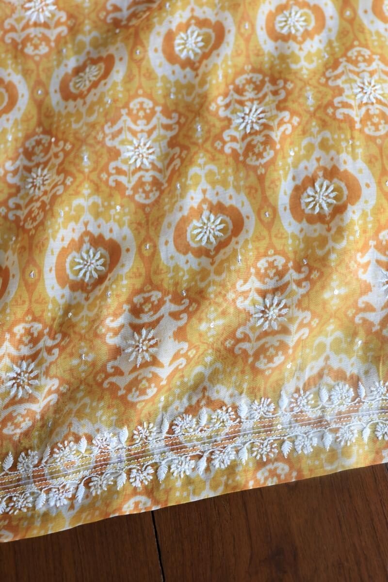 Yellow & White Soft Cotton Printed Unstitched Kurta Dupatta Set with Chikankari & Sequin Work