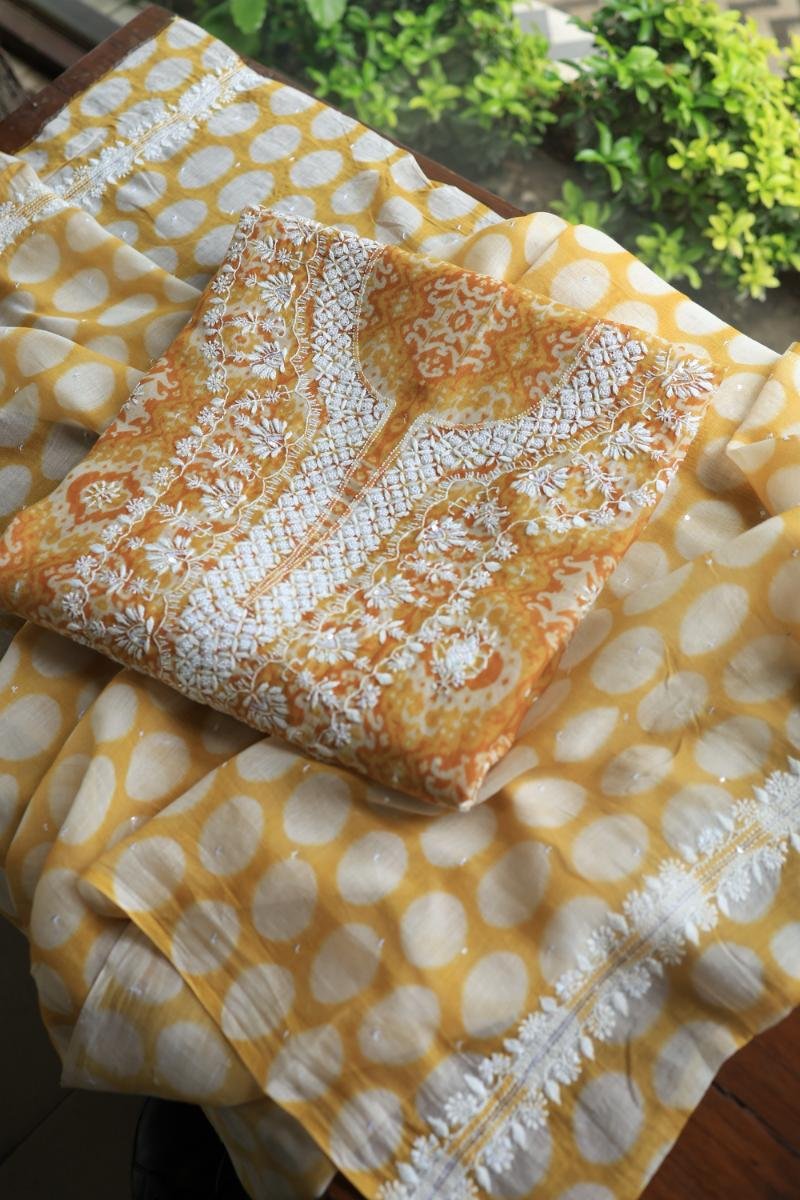 Yellow & White Soft Cotton Printed Unstitched Kurta Dupatta Set with Chikankari & Sequin Work
