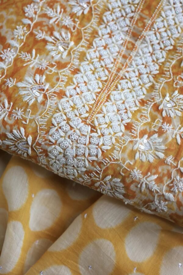 Yellow & White Soft Cotton Printed Unstitched Kurta Dupatta Set with Chikankari & Sequin Work - Image 2