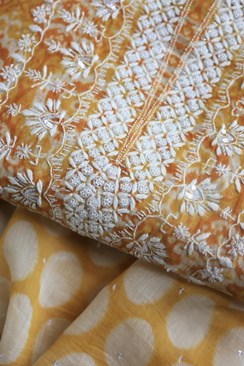 Yellow & White Soft Cotton Printed Unstitched Kurta Dupatta Set with Chikankari & Sequin Work