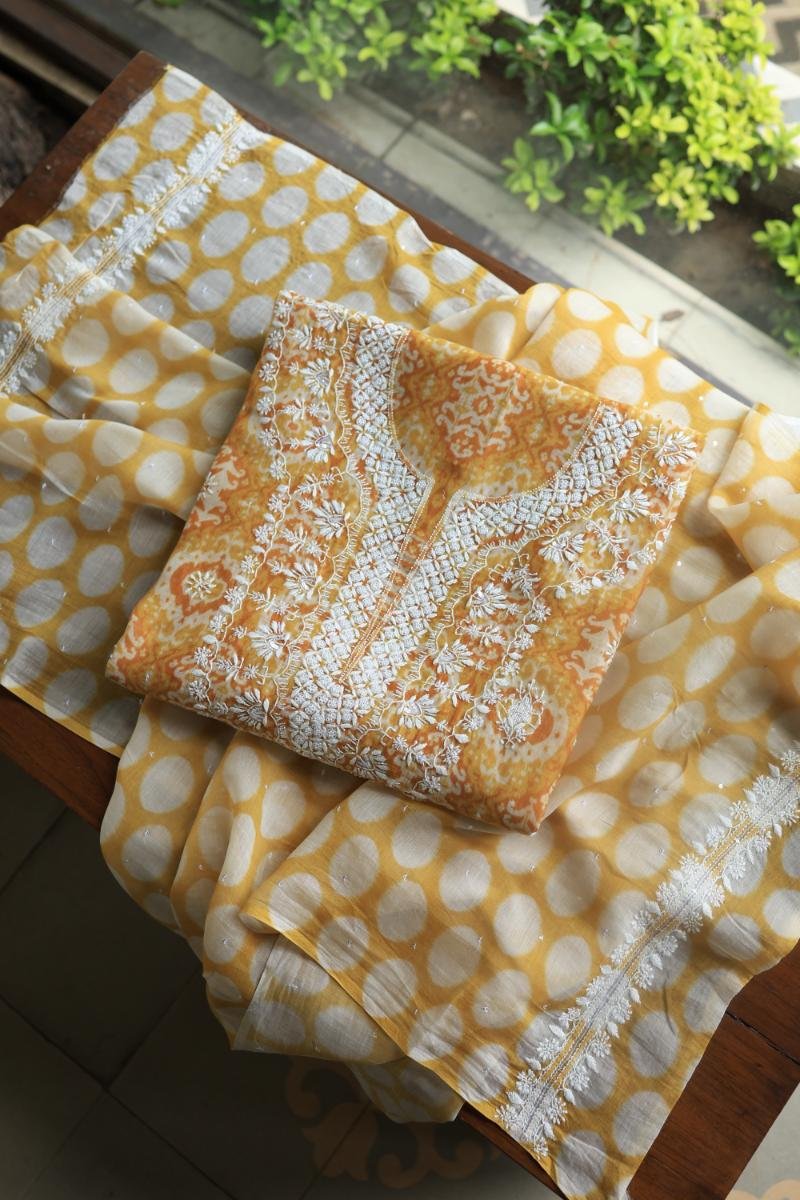 Yellow & White Soft Cotton Printed Unstitched Kurta Dupatta Set with Chikankari & Sequin Work