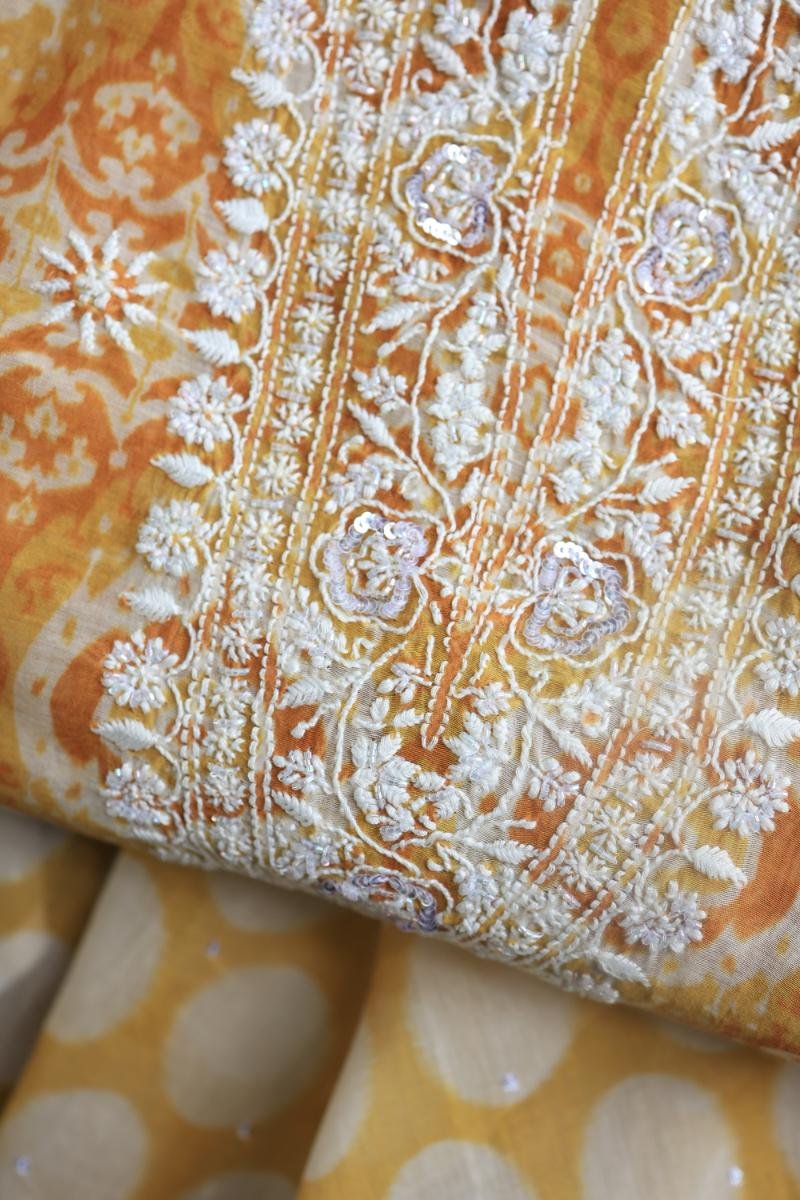 Yellow & White Soft Cotton Printed Unstitched Kurta Dupatta Set with Chikankari & Sequin Work