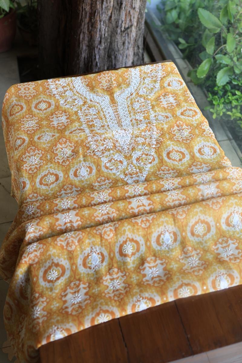 Yellow & White Soft Cotton Printed Unstitched Kurta Dupatta Set with Chikankari & Sequin Work