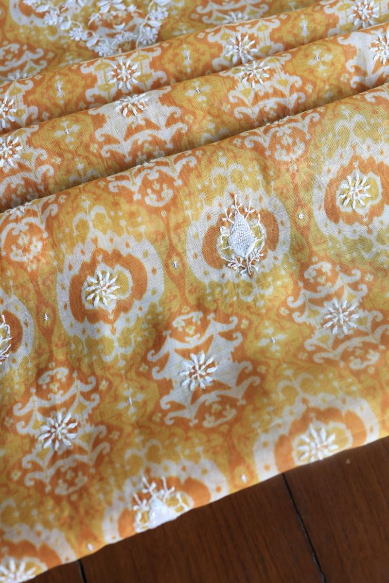 Yellow & White Soft Cotton Printed Unstitched Kurta Dupatta Set with Chikankari & Sequin Work