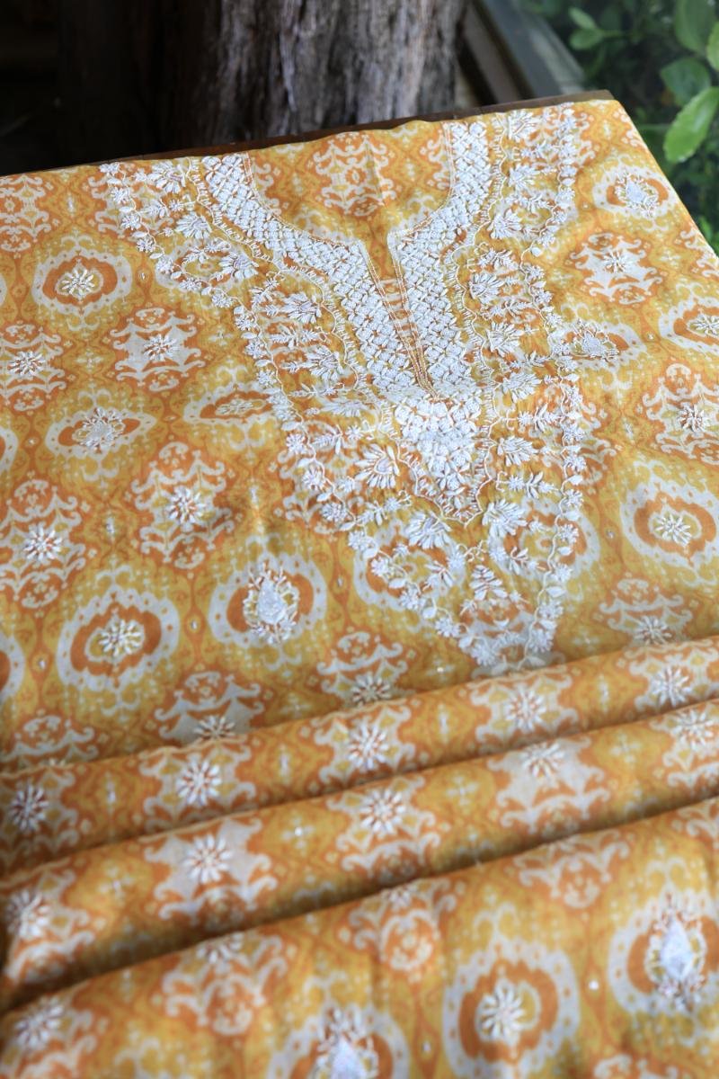 Yellow & White Soft Cotton Printed Unstitched Kurta Dupatta Set with Chikankari & Sequin Work