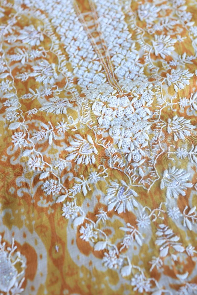 Yellow & White Soft Cotton Printed Unstitched Kurta Dupatta Set with Chikankari & Sequin Work