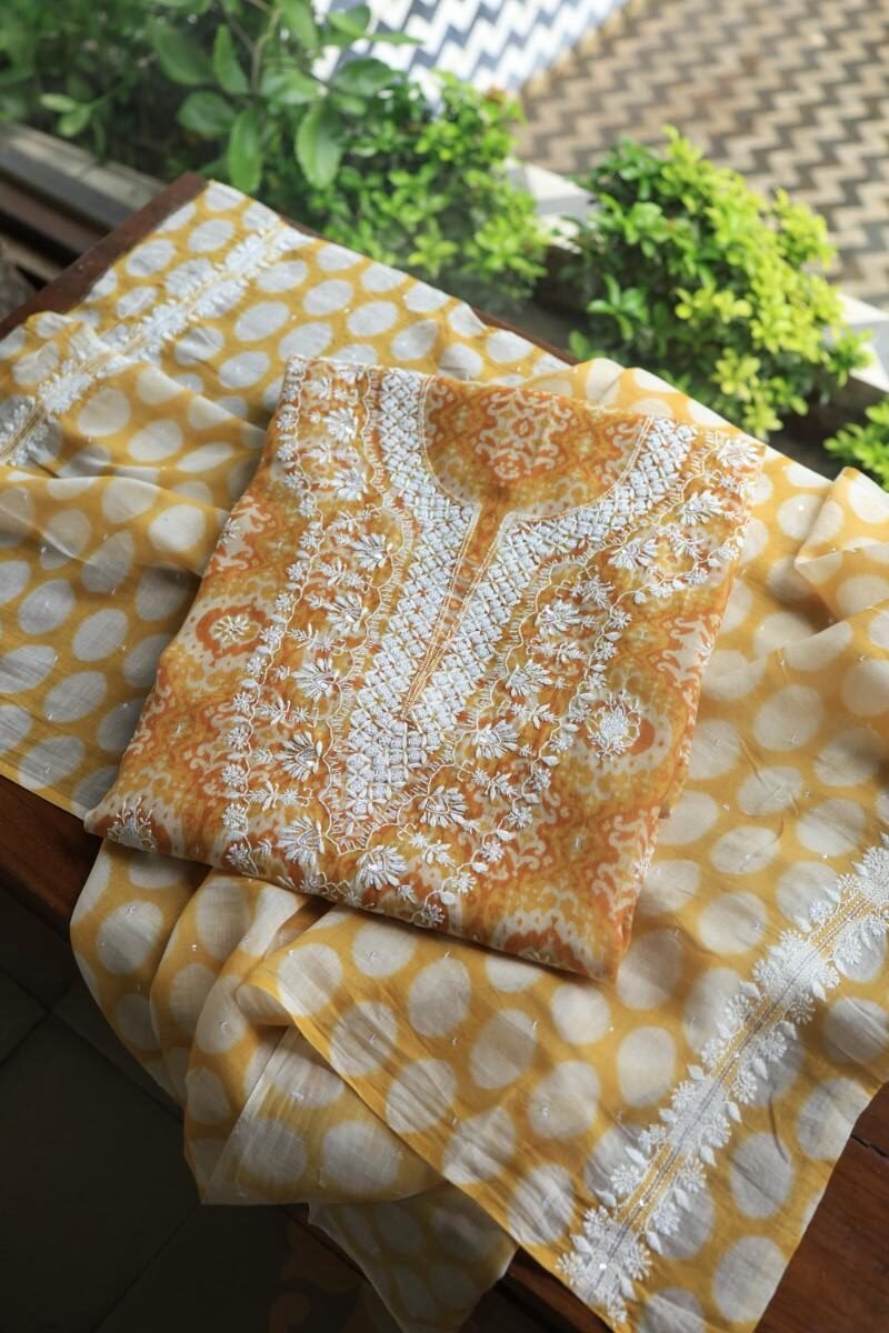Yellow & White Soft Cotton Printed Unstitched Kurta Dupatta Set with Chikankari & Sequin Work