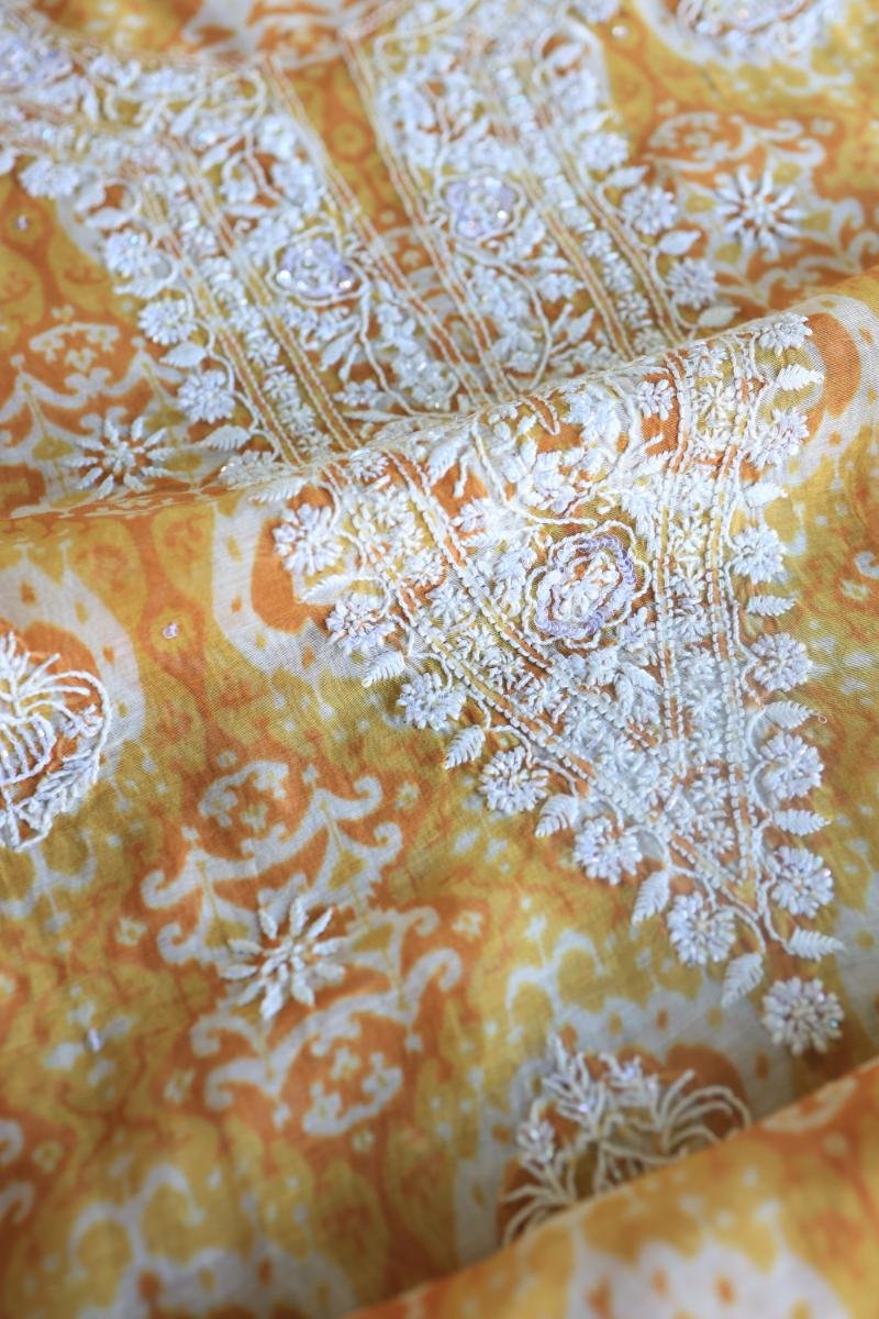 Yellow & White Soft Cotton Printed Unstitched Kurta Dupatta Set with Chikankari & Sequin Work