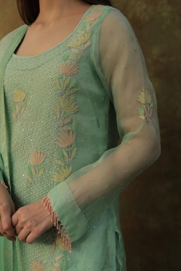 Sea Green Noor Organza Silk Zardosi Work Fine Resham Chikankari Kurta Set - Image 8