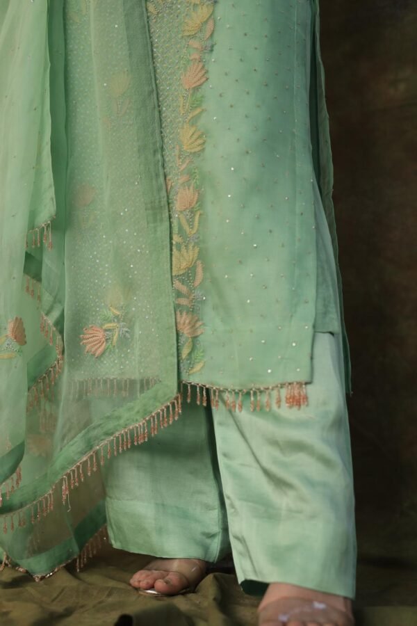 Sea Green Noor Organza Silk Zardosi Work Fine Resham Chikankari Kurta Set - Image 9