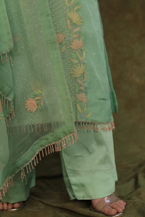 Sea Green Noor Organza Silk Zardosi Work Fine Resham Chikankari Kurta Set - Image 10