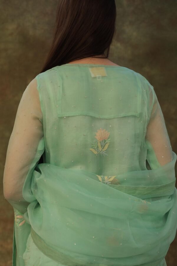 Sea Green Noor Organza Silk Zardosi Work Fine Resham Chikankari Kurta Set - Image 12