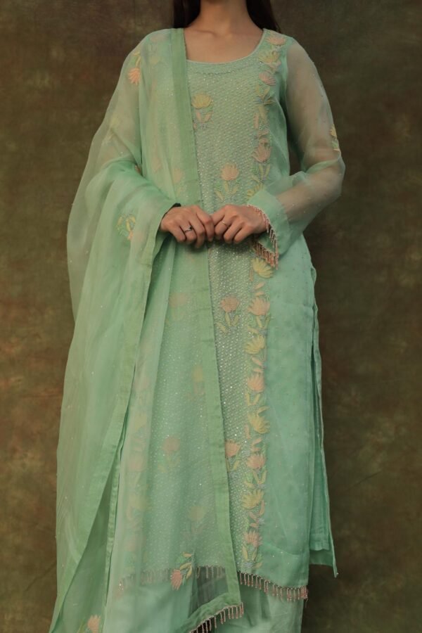 Sea Green Noor Organza Silk Zardosi Work Fine Resham Chikankari Kurta Set - Image 3