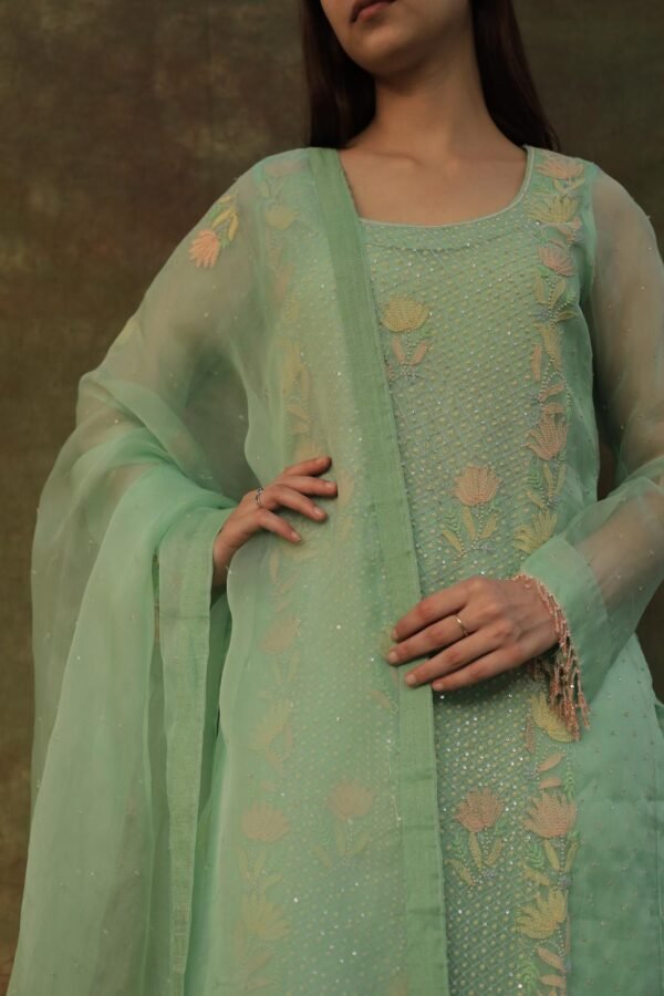 Sea Green Noor Organza Silk Zardosi Work Fine Resham Chikankari Kurta Set