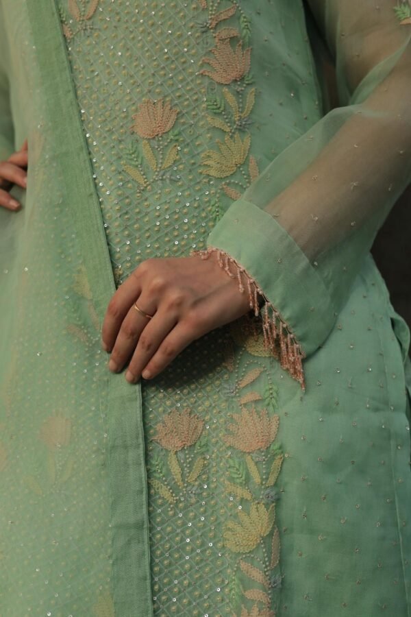 Sea Green Noor Organza Silk Zardosi Work Fine Resham Chikankari Kurta Set - Image 4