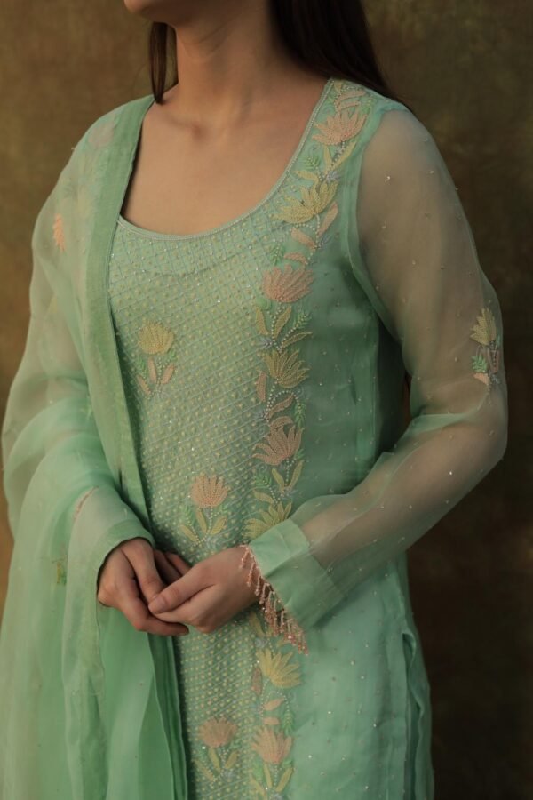 Sea Green Noor Organza Silk Zardosi Work Fine Resham Chikankari Kurta Set - Image 5