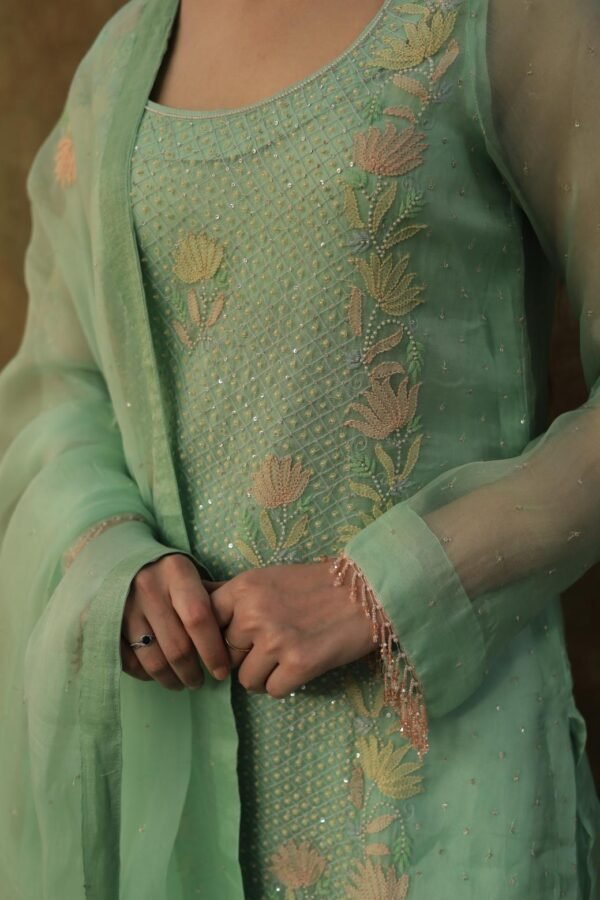 Sea Green Noor Organza Silk Zardosi Work Fine Resham Chikankari Kurta Set - Image 6