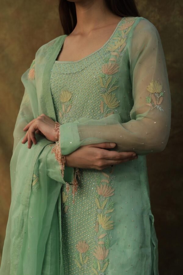 Sea Green Noor Organza Silk Zardosi Work Fine Resham Chikankari Kurta Set - Image 7