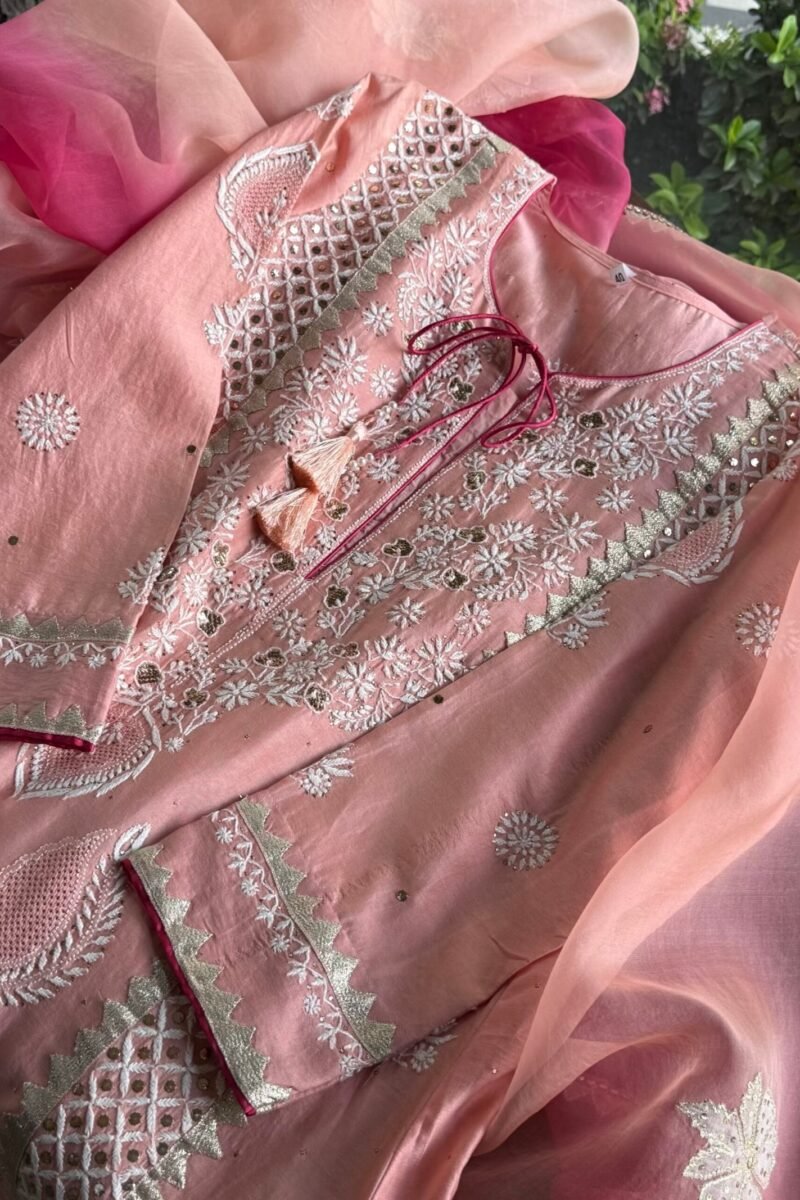 Chanderi Daraz Applique Chikankari Mukaish Kurta Dupatta Set