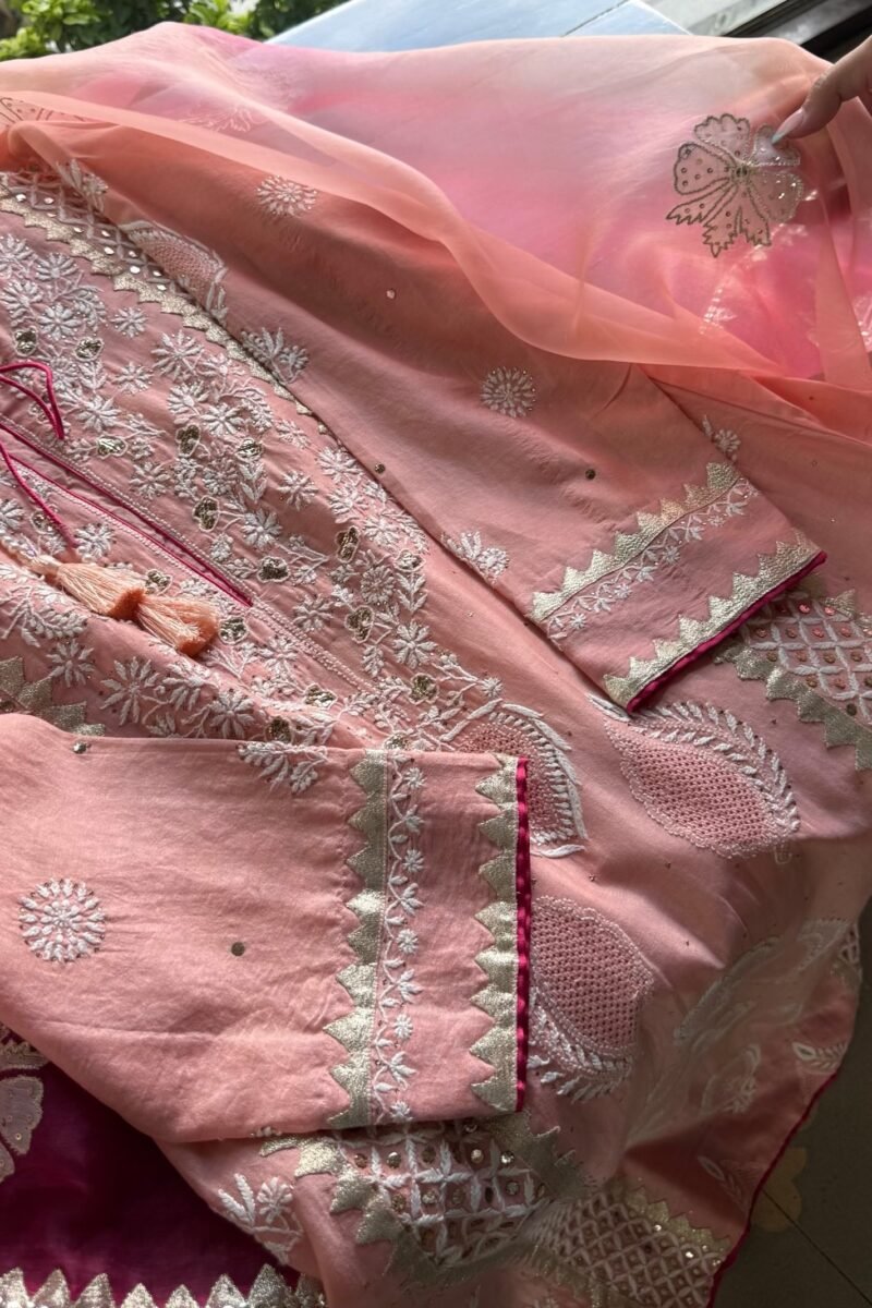 Chanderi Daraz Applique Chikankari Mukaish Kurta Dupatta Set