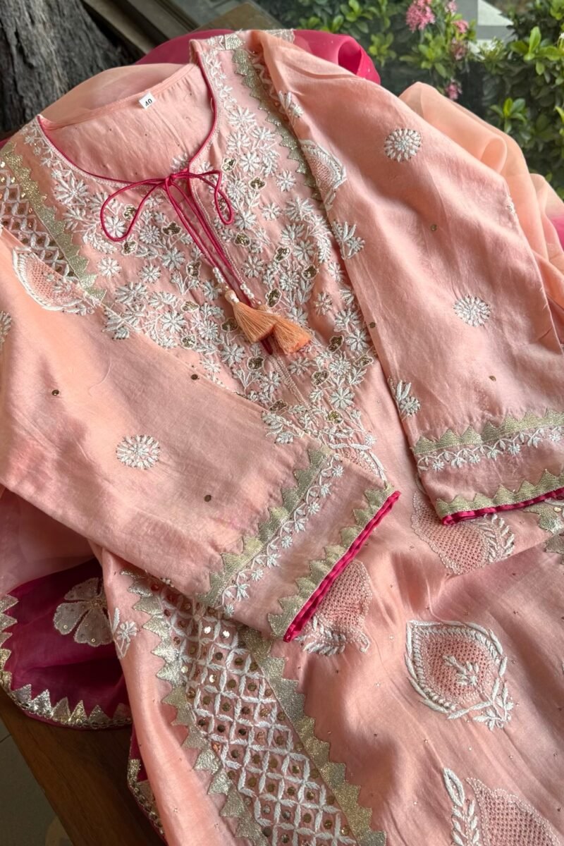 Chanderi Daraz Applique Chikankari Mukaish Kurta Dupatta Set