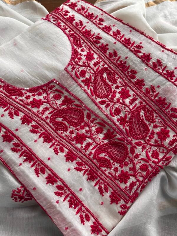 White & Red Mal Chanderi Silk Chikankari With Sequins Unstitched Kurta Dupatta Set - Image 9