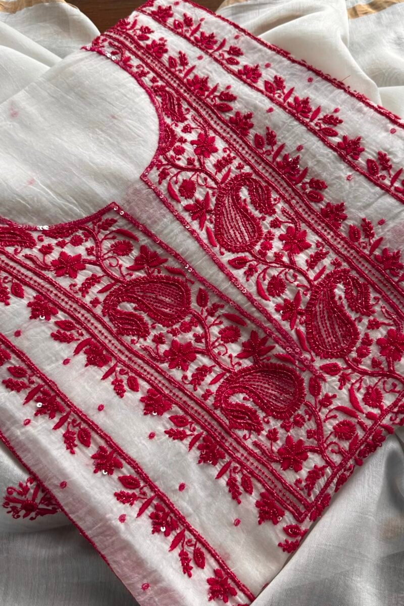 White & Red Mal Chanderi Silk Chikankari With Sequins Unstitched Kurta Dupatta Set