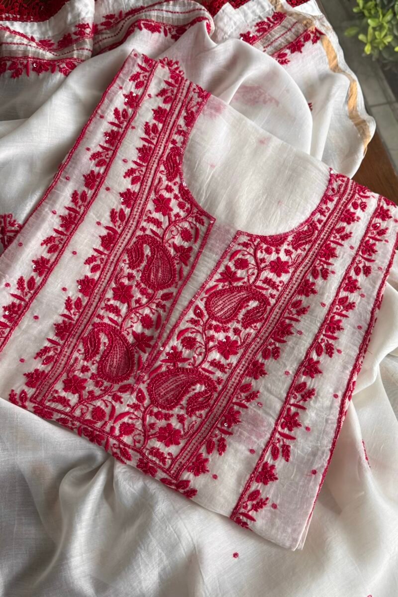White & Red Mal Chanderi Silk Chikankari With Sequins Unstitched Kurta Dupatta Set