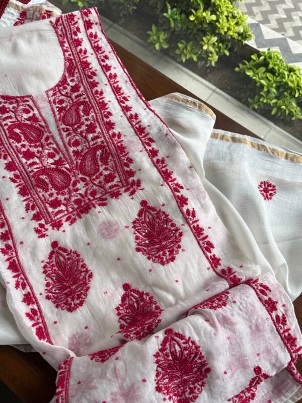 White & Red Mal Chanderi Silk Chikankari With Sequins Unstitched Kurta Dupatta Set - Image 8