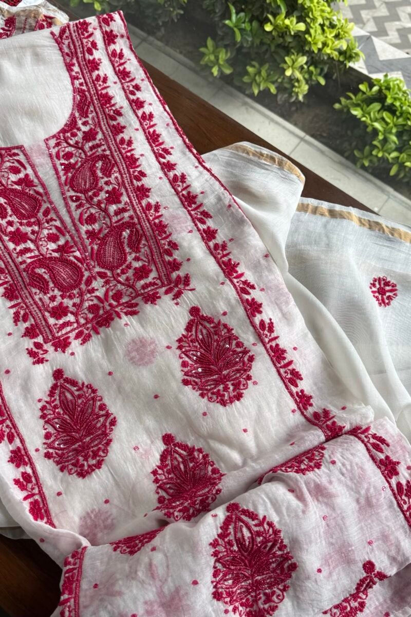 White & Red Mal Chanderi Silk Chikankari With Sequins Unstitched Kurta Dupatta Set