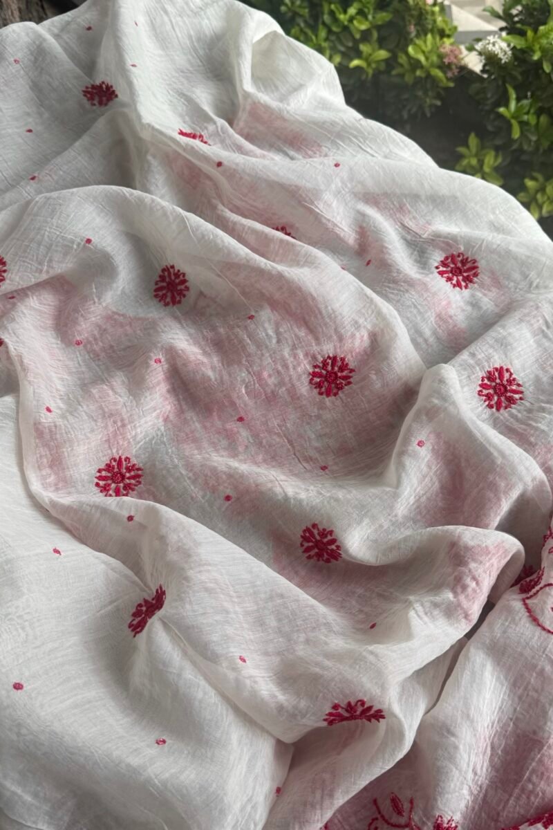 White & Red Mal Chanderi Silk Chikankari With Sequins Unstitched Kurta Dupatta Set