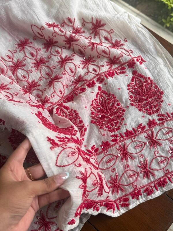 White & Red Mal Chanderi Silk Chikankari With Sequins Unstitched Kurta Dupatta Set - Image 4