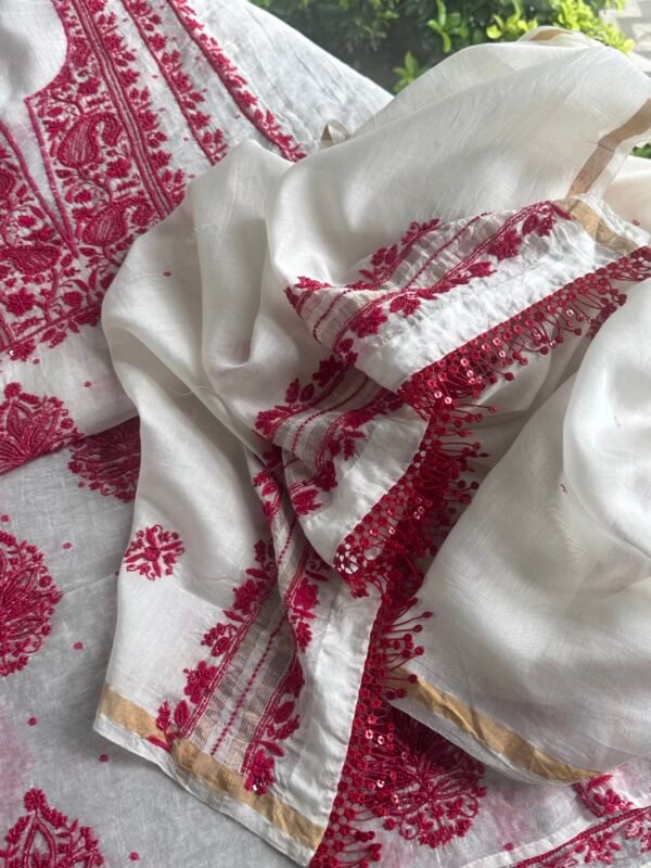 White & Red Mal Chanderi Silk Chikankari With Sequins Unstitched Kurta Dupatta Set - Image 12
