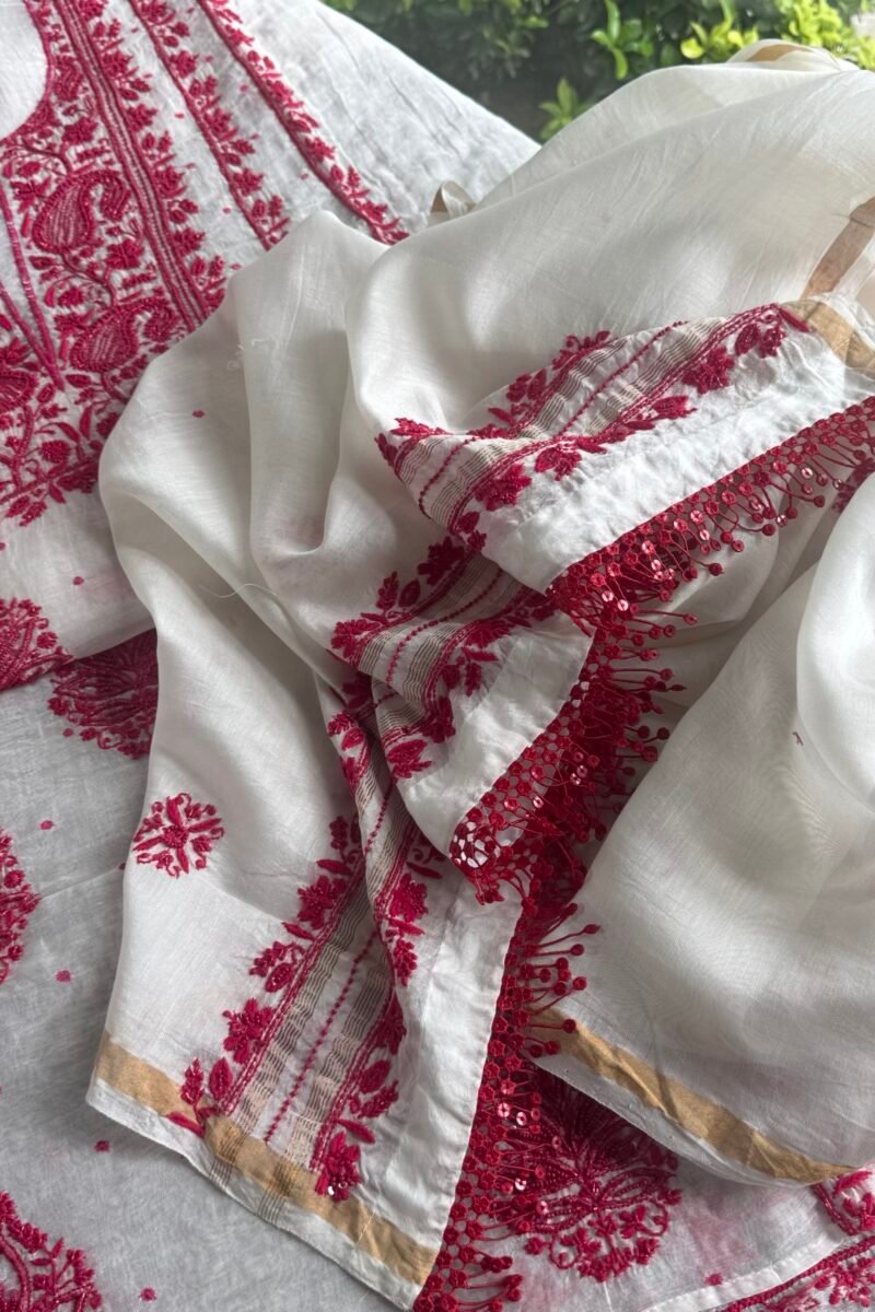 White & Red Mal Chanderi Silk Chikankari With Sequins Unstitched Kurta Dupatta Set