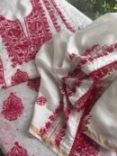 White & Red Mal Chanderi Silk Chikankari With Sequins Unstitched Kurta Dupatta Set
