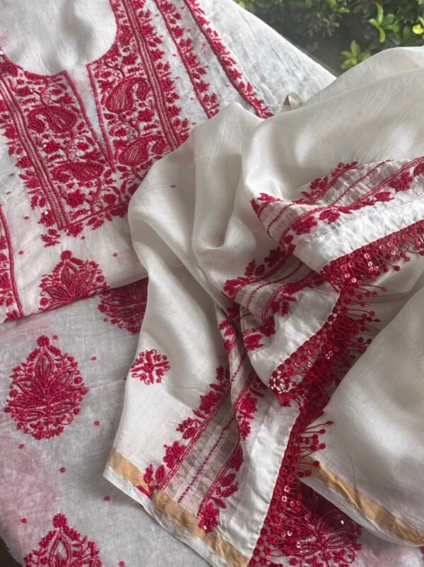 White & Red Mal Chanderi Silk Chikankari With Sequins Unstitched Kurta Dupatta Set - Image 11