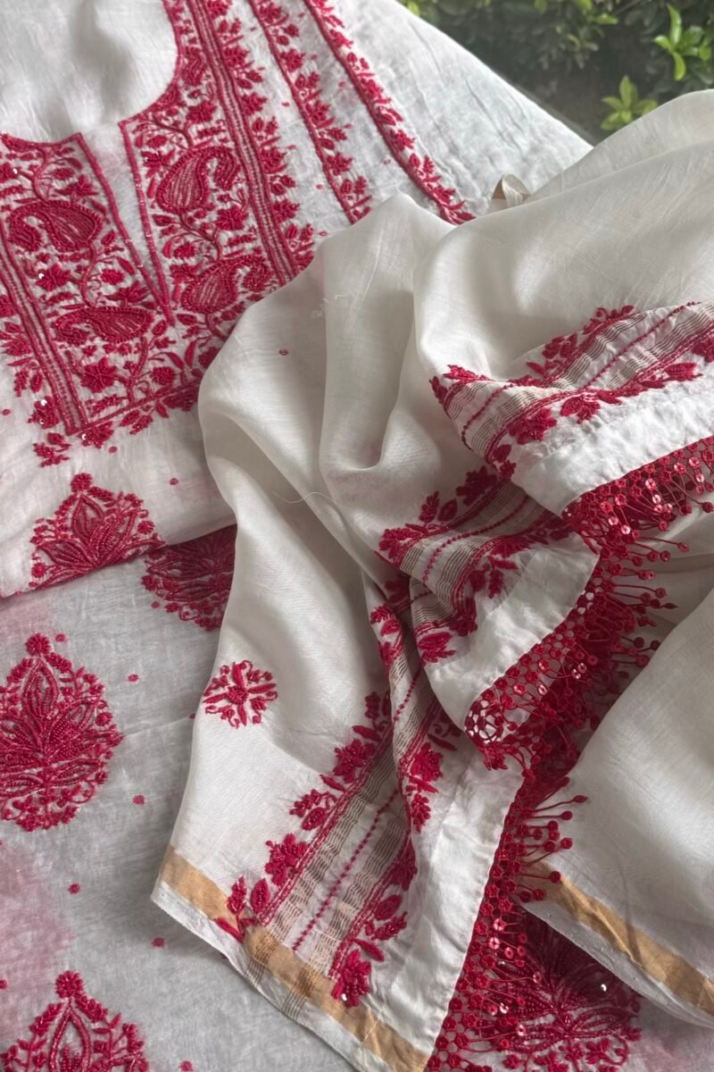 White & Red Mal Chanderi Silk Chikankari With Sequins Unstitched Kurta Dupatta Set