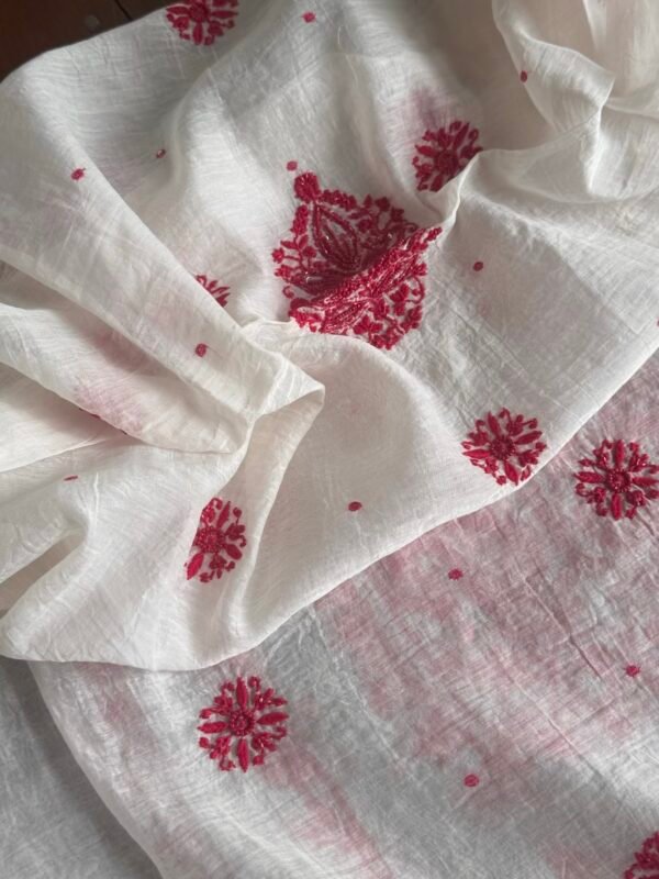 White & Red Mal Chanderi Silk Chikankari With Sequins Unstitched Kurta Dupatta Set - Image 6