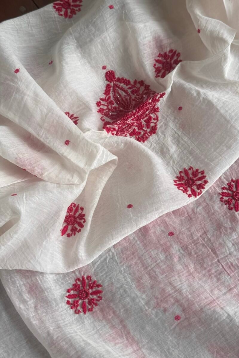 White & Red Mal Chanderi Silk Chikankari With Sequins Unstitched Kurta Dupatta Set