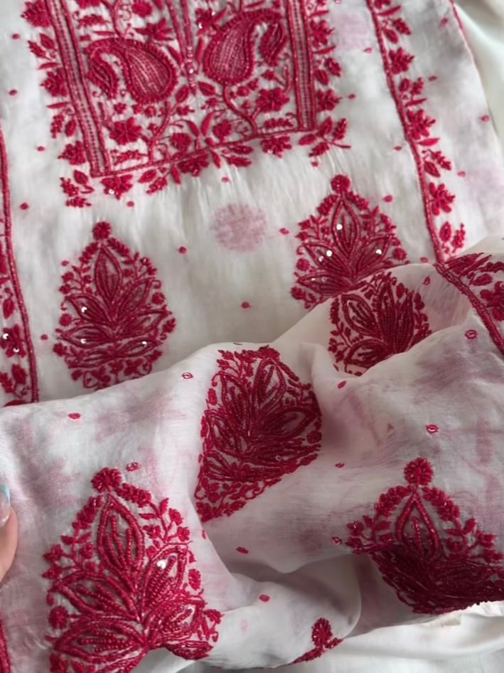 White & Red Mal Chanderi Silk Chikankari With Sequins Unstitched Kurta Dupatta Set