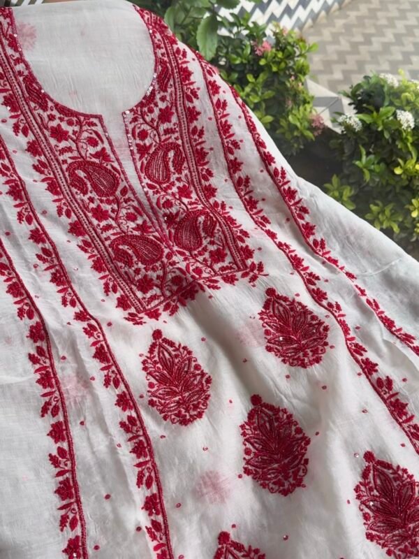 White & Red Mal Chanderi Silk Chikankari With Sequins Unstitched Kurta Dupatta Set - Image 3