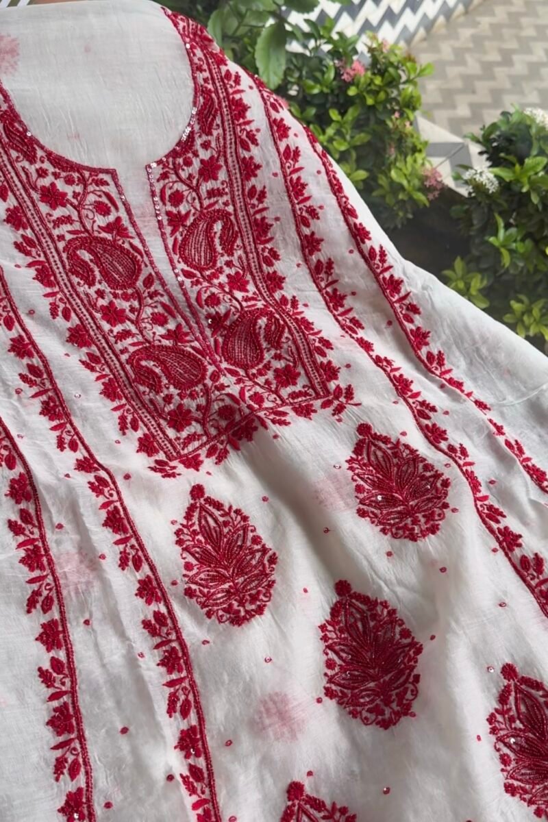 White & Red Mal Chanderi Silk Chikankari With Sequins Unstitched Kurta Dupatta Set