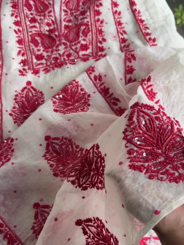 White & Red Mal Chanderi Silk Chikankari With Sequins Unstitched Kurta Dupatta Set - Image 2