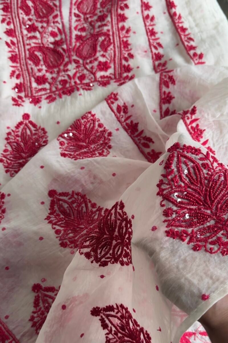 White & Red Mal Chanderi Silk Chikankari With Sequins Unstitched Kurta Dupatta Set