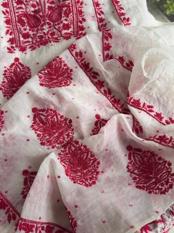 White & Red Mal Chanderi Silk Chikankari With Sequins Unstitched Kurta Dupatta Set - Image 10