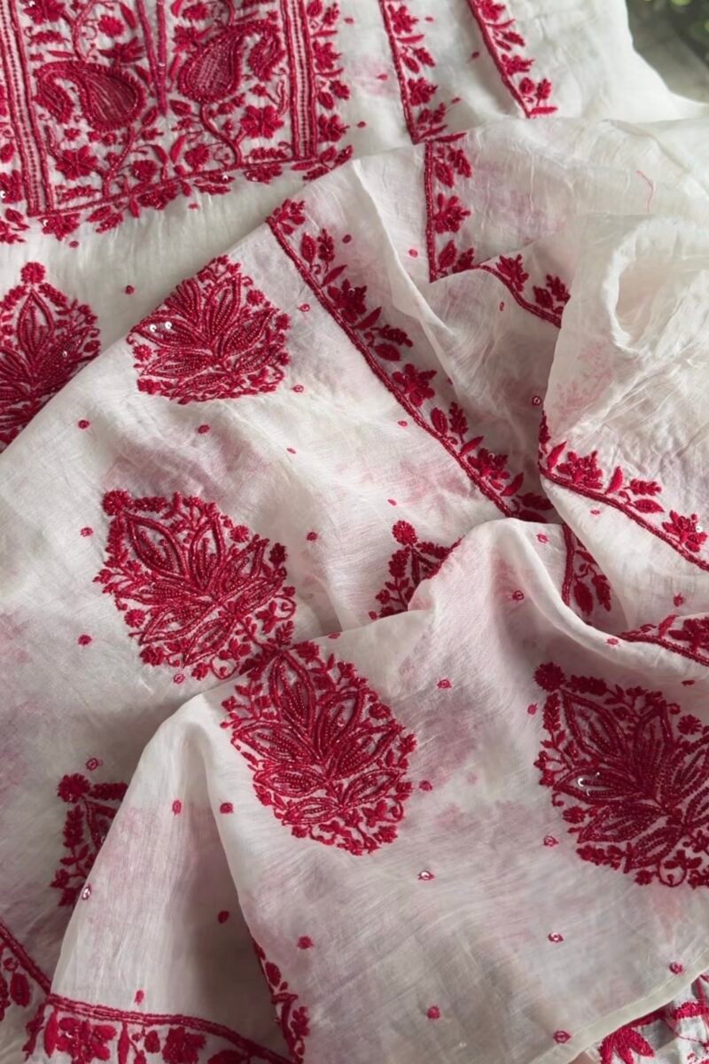 White & Red Mal Chanderi Silk Chikankari With Sequins Unstitched Kurta Dupatta Set