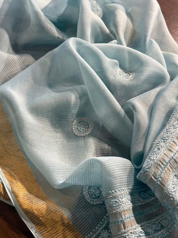 Powder Blue Linen silk Chikankari With Ari Work Unstitched Kurta Dupatta Set Copy - Image 14
