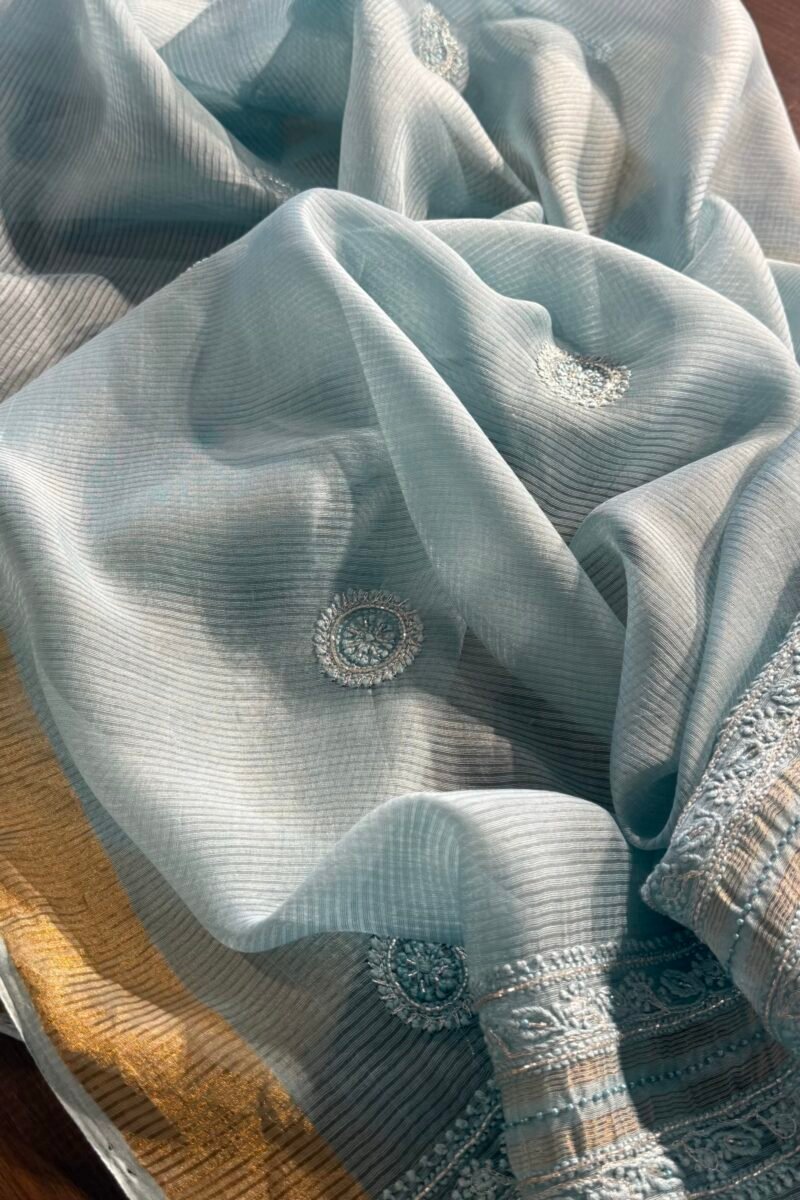 Powder Blue Linen silk Chikankari With Ari Work Unstitched Kurta Dupatta Set Copy